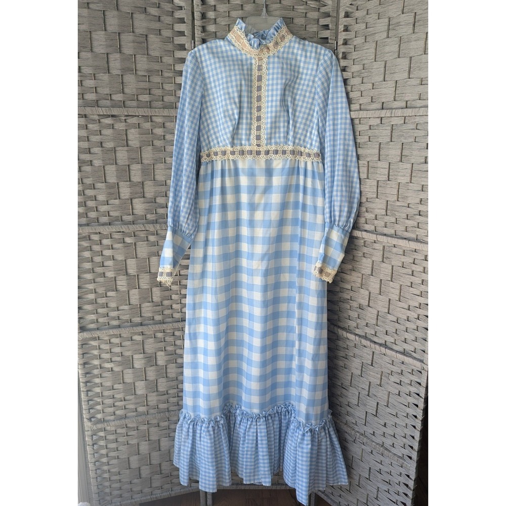 Vtg 70s Gingham Maxi Dress Blue White Lace Trim ILGWU‎ Union Made Prairie *READ